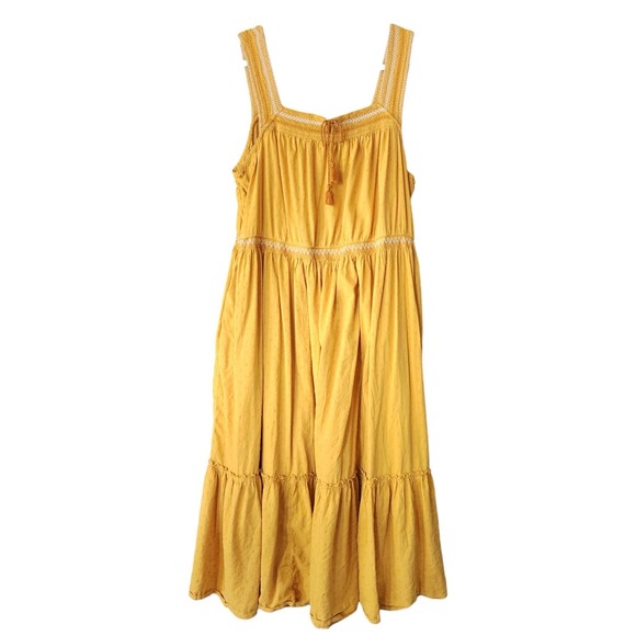Old Navy Tiered Maxi Dress Womens 2X  Mustard Yellow Smocked Swiss Dot Beach - Picture 1 of 12